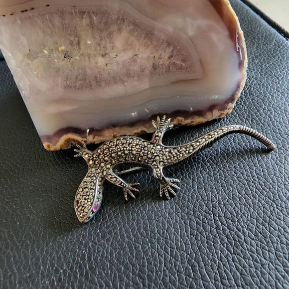 Judith Jack Sterling Silver and Marcasite Lizard Brooch Ruby Eyes - Picture 7 of 7